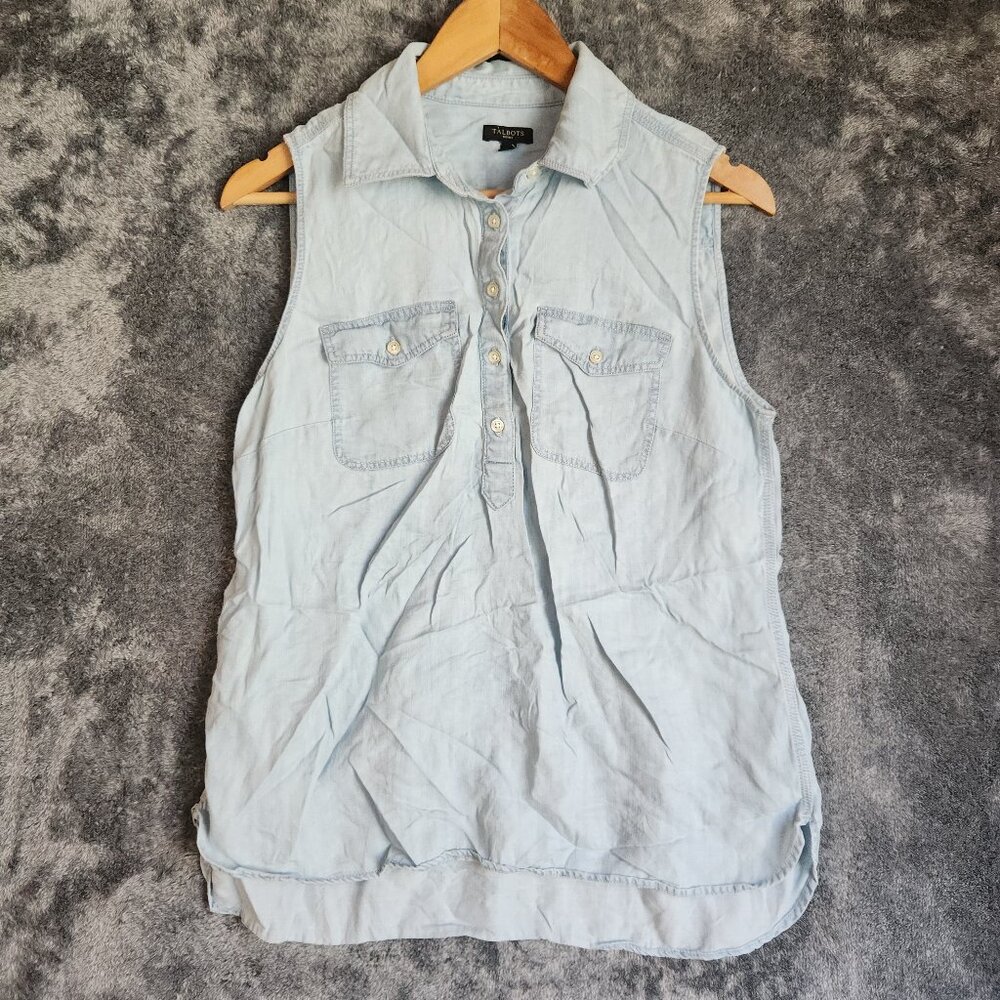 Talbots Sleeveless Popover Denim Top Blouse Blue Women's 12 EUC Pockets Summer - Picture 2 of 9